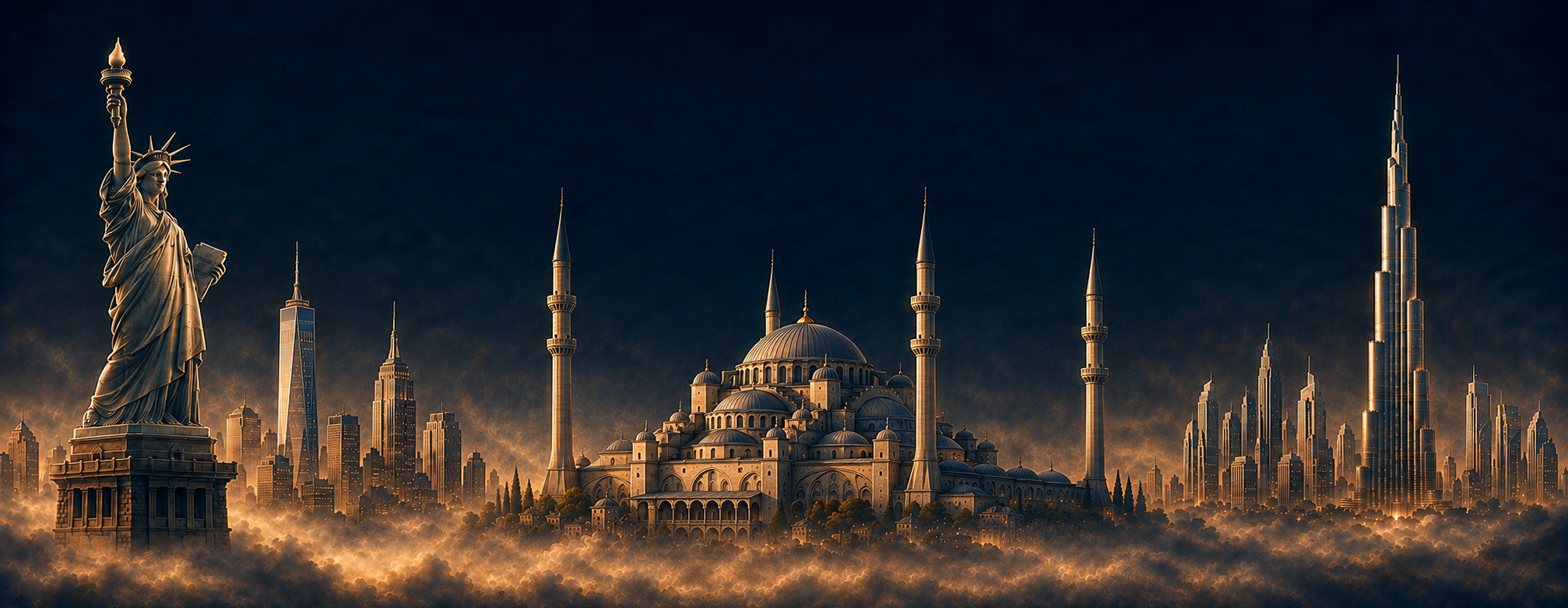 A navy-and-gold panoramic view of the Statue of Liberty, Süleymaniye Mosque, and Burj Khalifa